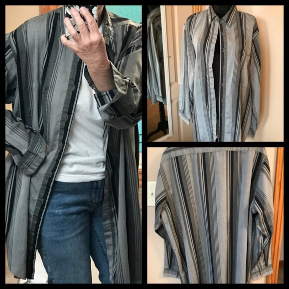Puritan Striped Button-Down Shirt: Vintage 90s, Gray Black, Men's Size 2XLT - Picture 7 of 7